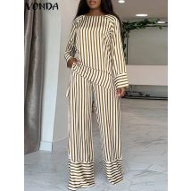 Vonda 2024 Damenmode Streifen hose setzt Herbst Langarm Tops und hohe Taille Hosen lässig locker elegant Streetwear Anzug 2St