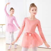 Mädchen-Ballett-Trikot, Tüllröcke, Netzgarn, Spleißen, Tanztrikots, 2-teilig, Tanzanzüge, Kinder, rosa, langärmelige Ballett-Bodys