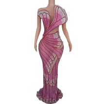 Luxuriöses langes Kleid mit Strasssteinen für Damen, sexy Mesh, transparent, Feiern, Abend, Abschlussball, Geburtstag, roter Teppich, Kleid für Fotoshooting