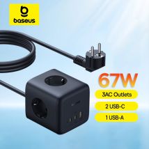 Ładowarka Baseus 67W GaN Szybka Listwa Zasilająca USB-C Szybkie Ładowanie 3 Gniazda AC Stacja Biurkowa 6 w 1 Do Laptopa iPhone Samsung Xiaomi