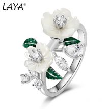 Laya Ring For Women High Quality Zircon Natural Shell Flower Green Leaf Enamel 925 Sterling Silver Fashion Original Jewelry