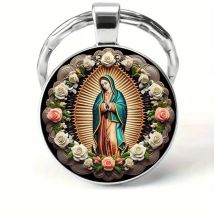 Holy Virgin Mary Round Glass Alloy Keychain Gift