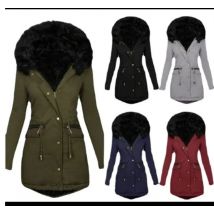 New Slim Fit and Slim Womens Jacket Solid Color Wool Collar Hooded Mid Length Warm Zipper Cotton Coat for Women