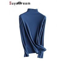 SuyaDream Women Bottoming T Shirt Real Silk Blend Long Sleeves Solid Basic Shirt 2024 Autumn Winter Turtleneck Top