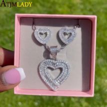 Mother's Day Gift 41+10CM Box Chain Micro Pave Fashion CZ Heart Shaped Pendant Iced Out Bling Jewelry Necklace For Women