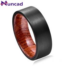 NUNCAD 8 mm breiter Wolframkarbid-Ring, schwarze gebürstete Oberfläche, Holz-Innenring, Ehering aus Wolframstahl, Herrenring