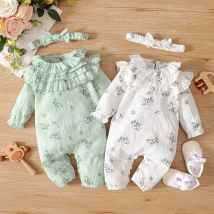 Neugeborenes Baby Mädchen Frühling und Herbst Body Blumendruck Langarm Strampler mit Stirnband Onesie Kleidung für Kleinkinder 0-18 Monate