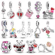 Original Silber Überzogene Neueste Valentinstag Charms Rose Herz Perlen Fit Armband Halskette Anhänger Herstellung Von Schmuck Frauen Geschenk
