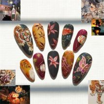 24pcs Long Almond Autumn False Nails With Butterfly Flower Designs Press On Nails Wearable Temperament Vintage Tiger Fake Nails