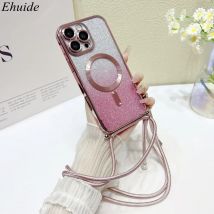 Magnetic For iPhone 17 Pro Max Case 16 14 13 12 11 15 Plus 17Air Glitter Magsafe Clear Plating Strap Crossbody Lanyard Cover