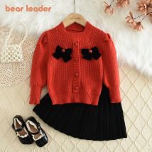 Bären führer Winter Kinder kleidung Vierkant hals Schleife Strick pullover Rock setzt lässige Kinder kleidung Mädchen Neujahr Weihnachts anzug