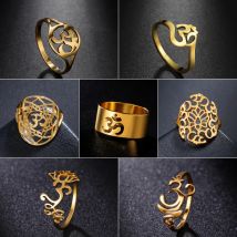 LIKGREAT Chakra OM Ring für Damen und Herren, Edelstahl, goldfarben, AUM, Yoga, Meditation, spirituell, religiöses Amulett, Schmuck, Geschenke