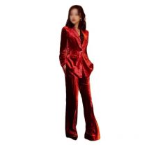 VEIAI frauen anzug rot Samt Hosenanzüge Formale anzug 2 stück Büro set Blazer damen Anzüge Flare hosen hosen Benutzerdefinierte maß