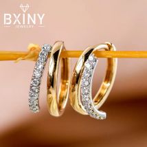 BXINY All 2mm Moissanite Hoop Earrings S925 Silver Plated 18K Gold Diamond Double Circle Ear Buckle for Women Party Jewelry Gift