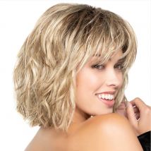 HAIRJOY Kunsthaar, kurze schwarze blonde Ombre-Perücken für Frauen, synthetische Perücke, lockig mit Pony