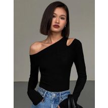 Mode Schräg kragen schulter freie Langarm-T-Shirts Frauen Frühling neue solide Slim Fit Crop Top sexy aushöhlen T-Shirts