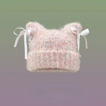 Japanische süße Schleife Band dekorative Plüsch Katzen ohr gestrickt Pullover Hut für Frauen Herbst und Winter warme Schädel Mütze Mütze