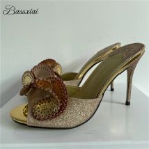 Gefaltete handgemachte Blumen-Sandalen für Damen, Sommer, 10 cm, Stiletto-Absatz, glitzernde Pailletten, Pumps, Peep-Toe, schmale Pantoletten für Mädchen