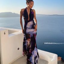 Abito lungo sexy con stampa di moda europea e americana con colletto cadente femminile