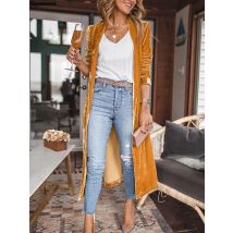 Women Solid Long Sleeve Velvet Jacket Lapel Collar Open Front Long Cardigan Coat With Pockets Fall Fashion Outerwear Maxi Duster