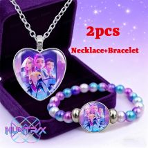 2 szt. Zestaw naszyjnika i bransoletki Kpop Demon Hunters, dziewczęcy, kawaii, anime, bransoletka łańcuszkowa, akcesoria do cosplay dla dzieci, zawieszka, 2025