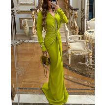 Maßgeschneiderte hochwertige Jersey-Strassfalte, Trompete, V-Ausschnitt, lange Kleider, Abendkleider, komplizierter, lässiger chinesischer Stil, Pastr