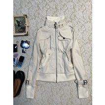 Weiß Stehkragen Moto & Biker Mantel Frauen Amerikanischen Vintage Lange Sleeve Zipper Tops Mujer 2025, Frühling Herbst Neue jacken