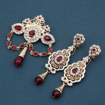 Gold Farbe Marokko Braut Hochzeit Schmuck Set Frauen Kaftan Brosche Ohrring Arabischen Hijab Pins Hohle Blume Kristall