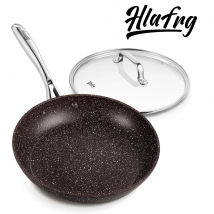 HLAFRG 10/12 Zoll Marmor-Bratpfanne mit Antihaftbeschichtung und Deckel – geschmiedetes Aluminium, 4 mm Kante, Induktionsbasis, cremefarbenes Punkte-Design, Hohlgriff