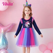VIKITA 2025 Neue Kinder Party Prinzessin Kleid Mädchen Einhorn Herz Form Langarm Frühling Herbst Bunte Kleid Kleinkinder Tops Tragen