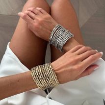 Salircon Vintage Handmade Multilayer CCB Acrylic Bead Chain Bracelet Women Trendy Shiny Elastic Rope Bangle Wedding Jewelry Gift