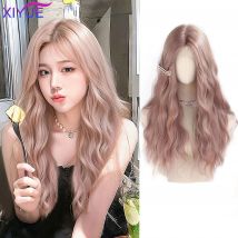 Hellrosa Kunsthaar-Perücken, lange gewellte Naturhaar-Perücken mit Pony für Frauen, Cosplay, Lolita-Perücke, hitzebeständige Lace-Front-Perücke