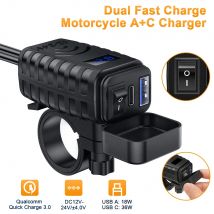 Extra ctme 48w Motorrad USB Ladegerät qc3.0 & pd Schnell ladung 3,0 Motorrad USB Typ C Telefon Ladegerät mit Voltmeter & Ein/Aus-Schalter