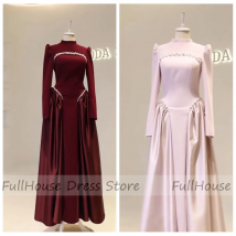 Custom Made 2026 Elegant High Neck Long Sleeve Pleated Sheath Evening Gown Draped Beaded Pearls Floor Length Saudi Arab Dress