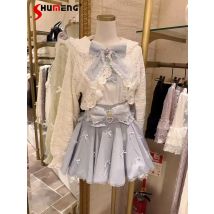 Japanischer Mine-Stil, süße süße Spitze, Schleife, Langarm-Shirt, Matrosenkragen, kurze Strickjacke, hohe Taille, A-Linien-Rock-Set für Damen
