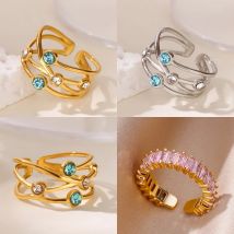 Multilayer Cross Zircon Rings For Women Stainless Steel Gold Color Geometric Ring Party Waterproof Wedding Christmas Jewelry