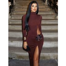 Mozision Rollkragen Langarm Sexy Maxi Kleid Für Frauen Fashion Solid Aushöhlen Oberschenkel Hohe Split Bodycon Elegante Club Kleid