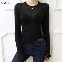 Basic Frühling Sommer T-Shirts Damen 2025 Langarm Transparentes T-Shirt Hochelastisch Atmungsaktiv Sexy T-Shirt Durchsichtiges Oberteil