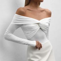 Trendix Kreuz Neck Langarm Shirts Für Frauen Sexy Off Schulter Solide Dünne Kurze Tops Club Casual Party Bodycon T-shirt Damen