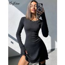 Hugcitar Rippen Solide Langarm Spitze Up Rüschen Elegante Sexy Bodycon Mini Kleid 2024 Frühling Frauen Kleidung Geburtstag Party