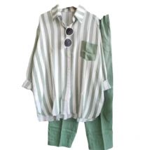 Plus Size Loose Casual Two Piece Sets Women 2025 Fashion Elegant Comfort Striped Long Sleeve Shirts And Long Pants Sportswear