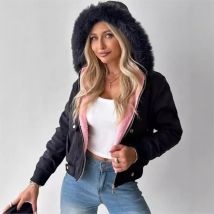 Großer Pelzkragen mit Kapuze und Reißverschluss, Sweatshirt, Damenjacke, Winter, Vintage, lässige Hoodies, kurzer Mantel für weibliche Outfits, Streetwear