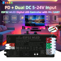 DOMRAEM ESP32 WLED Addressable LED Controller 16A Fuse | with Mic & UART | USB-C PD & DC 5-24V Input | for WS2811/12B SK6812etc.