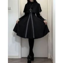 Autumn Winter Gothic Black Vintage Dress Set Women Casual Fashion Cape Tops + Elegant Sweet Lace Slim Mini Dress 2 Piece Set New