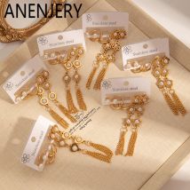 ANENJERY 316L Edelstahl 6 Stück Imitation Perlen Blume Herz Stern Quasten Ohrringe Für Frauen Französisch Schmuck Großhandel