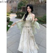 Grüner Cheongsam, elegante Strickjacke, chinesisches traditionelles Kleid, Qipao, Chiffon-Druck, unregelmäßiges Waldkleid, Feenmode-Set