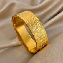 Chunky Gold Plated Stainless Steel Bracelet for Women Men Ethnic Sun Leaves Textured Cuff Bangle Bracelets Waterproof Jewelry