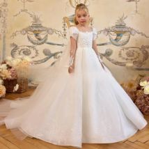 Kids Girls Wedding Flower Girl Dress White New Puffy Princess Gown for Host Piano Performance Party Pageant Children Dresses