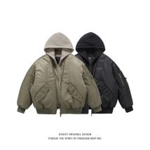Gefälschte Zwei Pilot Baumwolle Jacken Herren Winter Neue High Street Trend Verdickung Mit Kapuze Bomber Mäntel Mehrere Taschen Kurze Parkas