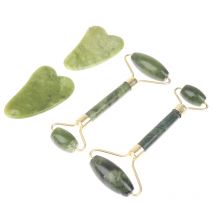 Natürlicher Jade-Massageroller + Guasha Board SPA Scraper Stone Gesichtsmassagegerät-Set